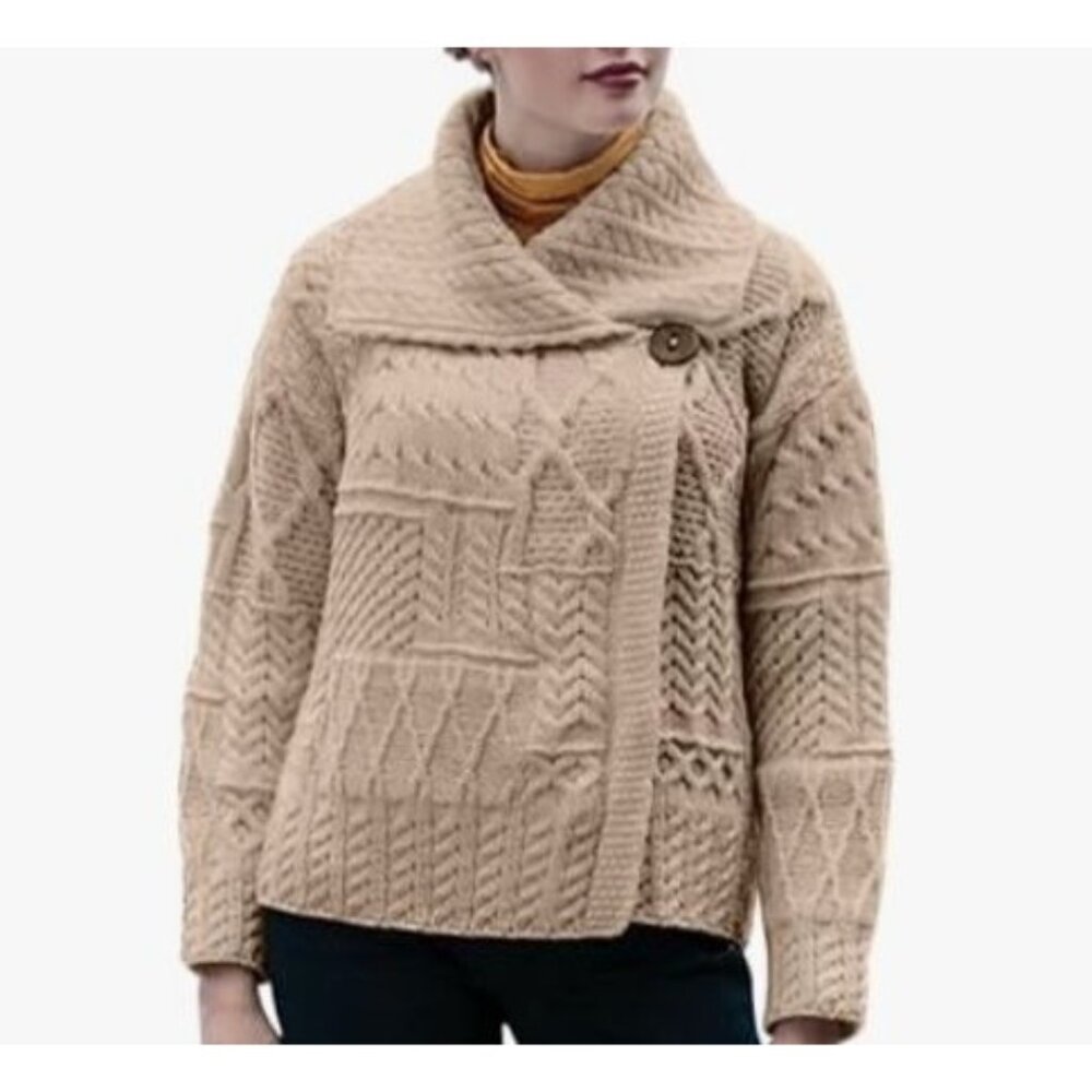 Carraig donn Cardigan Merino Wool Ivory Cable Knit Arran XL